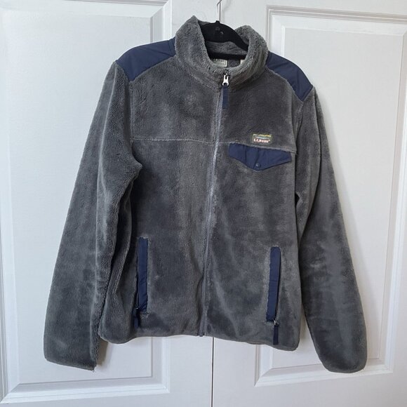 L.L. Bean Hi Pile Fleece Jacket Mens M Reg Gray Full Zip Blue Outdoor Gorpcore - Picture 1 of 12